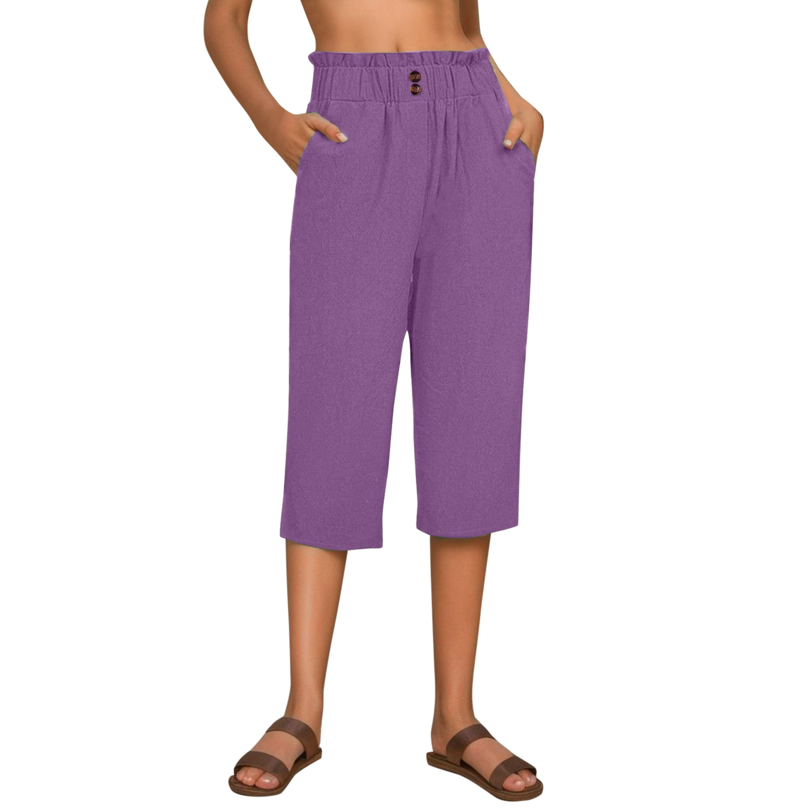 Capri Pants for Women Plus Size Solid Color Drawstring Stretchy ...