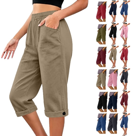 Capri Pants for Women Plus Size Womens Solid Color Button Rolled Hem Linen Outdoor Sport Hiking Trousers with Pockets