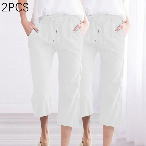 Capri Pants for Women Plus Size, Xunlbb 2PC Fashion Womens Casual Solid Color Elastic Loose Pants Straight Wide Leg Trousers With Pocket(White,XXXL)