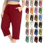 Capri Pants for Women Plus Size,Xunlbb Plus Size Woman Fashion Solid Color Elastic Waist Pockets Pants on Clearance,Purple L