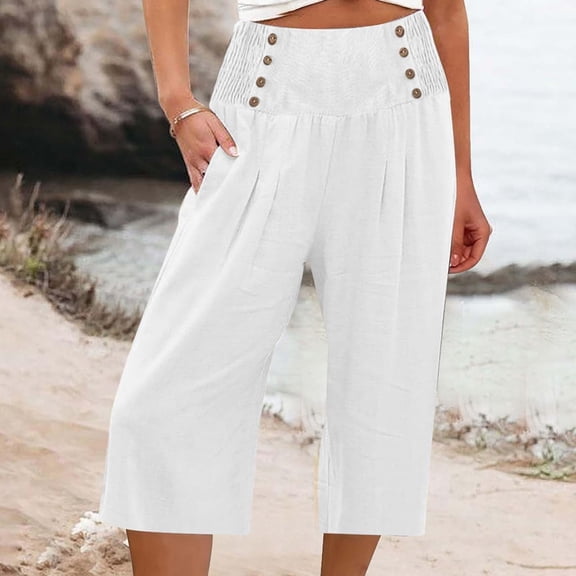 Capri Pants for Women Plus Size,Xunlbb Women’s Elastic Waist Summer Solid Casual With Pockets Outing Capris Length Pants on Clearance,White L
