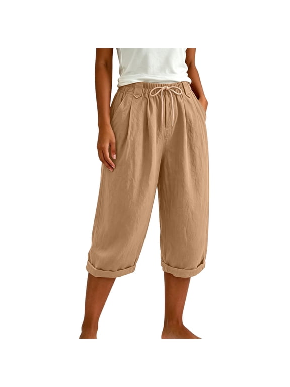 Capri Pants for Women, Pull on Cuffed Hem Straight Leg Capris Side Pockets Daily Casual Outdoor Crop Pants