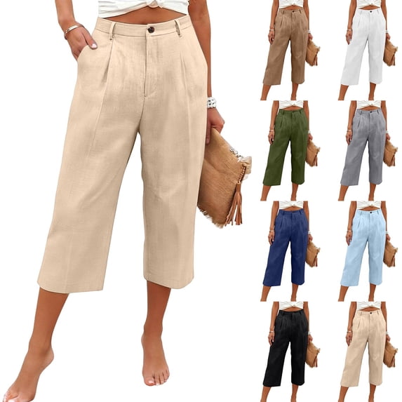 Capri Pants for Women Relaxed Fit Dressy Capris Pant Pleated Business Casual Work Trousers with Pockets Khaki 2XL
