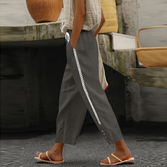 Yijfswar Capri Pants for Women Soild Color Linen Pants Summer Loose Drawstring Elastic Waist Pants Beach Work Cropped Trousers with Pockets