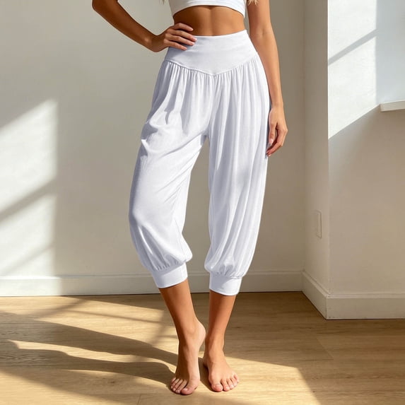 Capri Pants for Women Solid Plus Size Harem Joggers High Waist Yoga 7/8 Casual Womens Pants White XXL