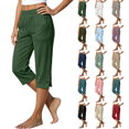 thumbnail image 1 of Capri Pants for Women - Split Button Elastic Waist Cotton Linen Capris Summer Casual Pedal Pushers with Pockets (Green,M), 1 of 6
