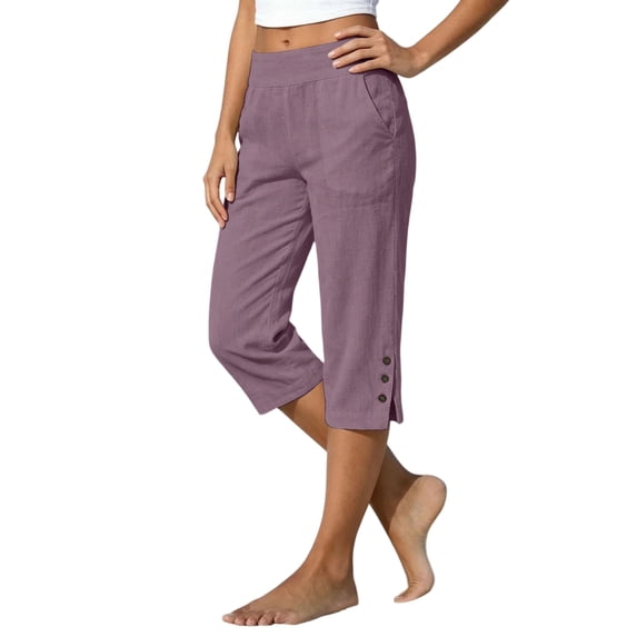 Capri Pants for Women Split Button Elastic Waist Summer Casual Cotton Linen Capris with Pockets, XL