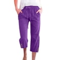 thumbnail image 1 of Capri Pants for Women Spring Summer Cotton Linen Straight Wide Leg Loose Drawstring Elastic Waist Cropped Trouser Purple 2XL, 1 of 7