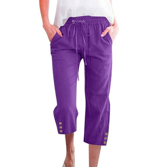 Capri Pants for Women Spring Summer Cotton Linen Straight Wide Leg Loose Drawstring Elastic Waist Cropped Trouser Purple 2XL