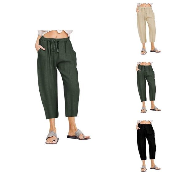 Capri Pants for Women Spring Summer Elastic High Waist Lightweight Loose Straight Leg Cropped Pants Capris with Pockets