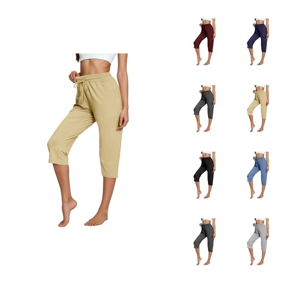 Capri Pants for Women Spring Summer Elastic High Waist Relaxed Fit Straight Leg Capri Sweatpants with Pockets