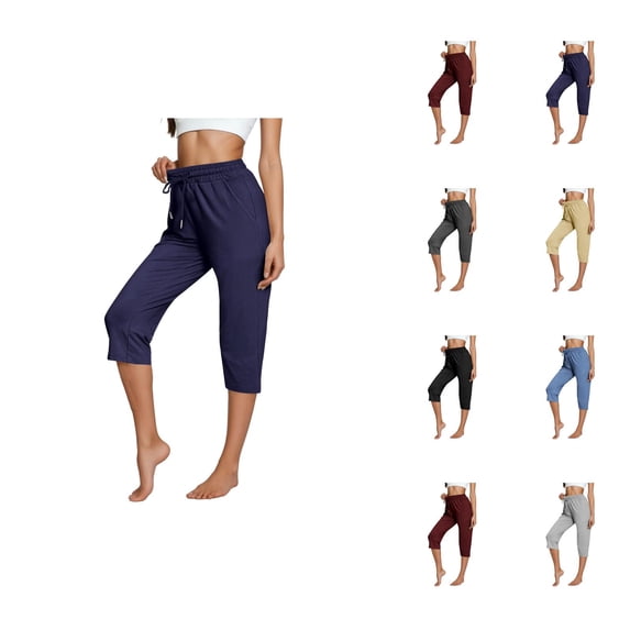 Capri Pants for Women Spring Summer Elastic High Waist Relaxed Fit Straight Leg Capri Sweatpants with Pockets