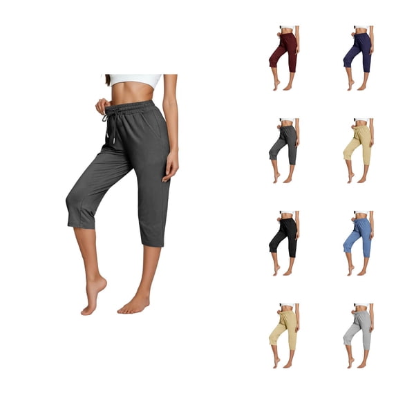 Capri Pants for Women Spring Summer Elastic High Waist Relaxed Fit Straight Leg Capri Sweatpants with Pockets