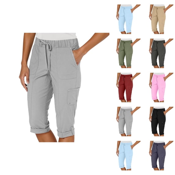 Capri Pants for Women Spring Summer Elastic High Waist Row Up Hem Cropped Hiking Pants with Pockets Womens Capris