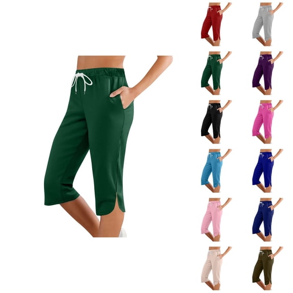 Capri Pants for Women Spring Summer Elastic Mid Waist Side Slit Hem Casual Cropped Pants Capris with Pockets