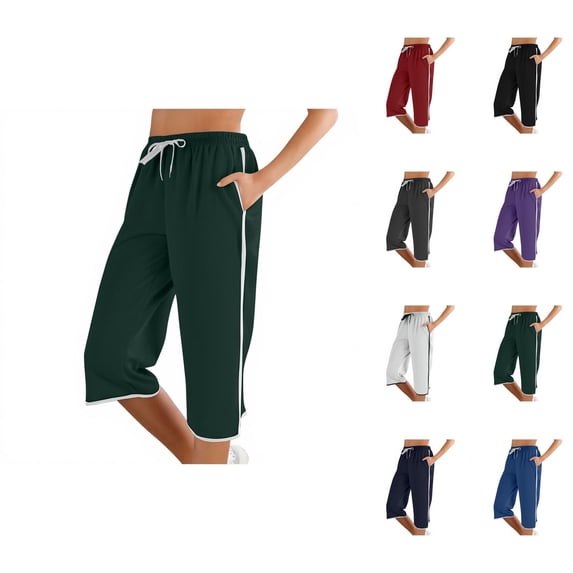 Capri Pants for Women Spring Summer Elastic Mid Waist Straight Leg Capri Sweatpants Capris with Pockets