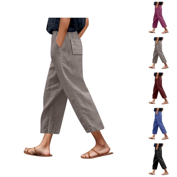 Capri Pants for Women Spring Summer Elastic Waist Relaxed Fit Straight Leg Linen Cropped Pants with Pockets
