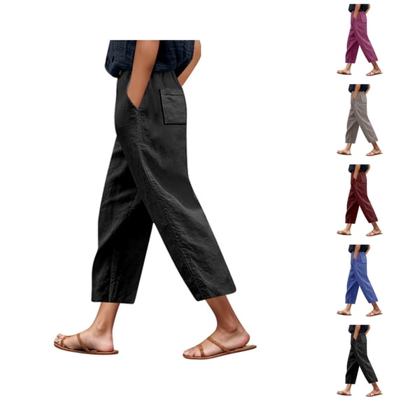 Capri Pants for Women Spring Summer Elastic Waist Relaxed Fit Straight Leg Linen Cropped Pants with Pockets