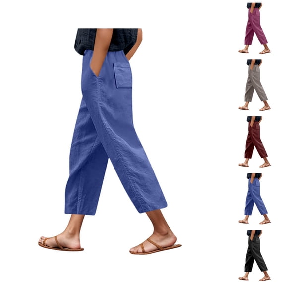 Capri Pants for Women Spring Summer Elastic Waist Relaxed Fit Straight Leg Linen Cropped Pants with Pockets