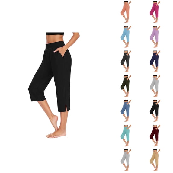 Capri Pants for Women Spring Summer Elastic Waist Straight Leg Side Slit Hem Workout Yoga Pants with Pockets