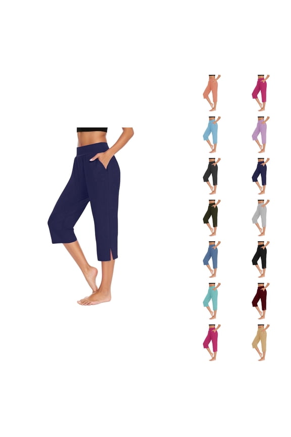 Capri Pants for Women Spring Summer Elastic Waist Straight Leg Side Slit Hem Workout Yoga Pants with Pockets