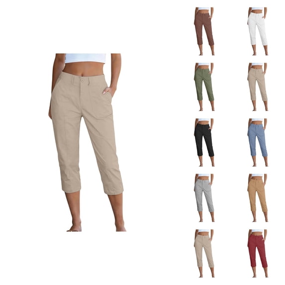 Capri Pants for Women Spring Summer Elastic Waist Straight Leg Casual Capris Trousers Cropped Pants with Pockets