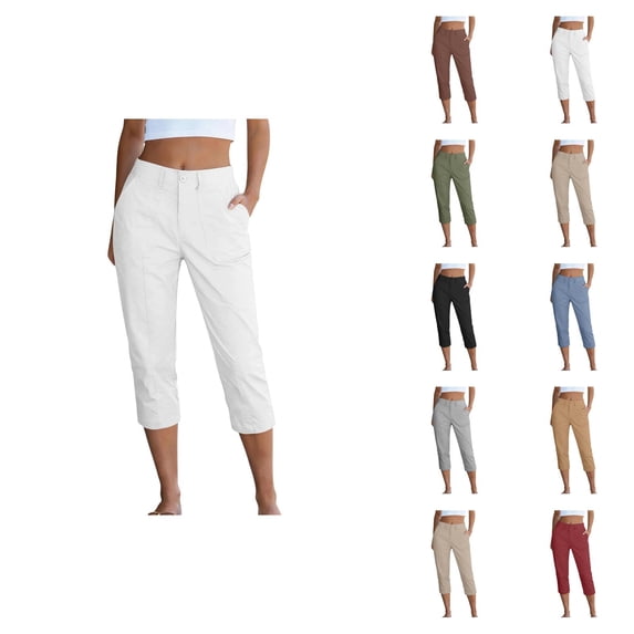 Capri Pants for Women Spring Summer Elastic Waist Straight Leg Casual Capris Trousers Cropped Pants with Pockets