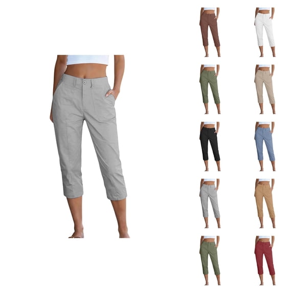 Capri Pants for Women Spring Summer Elastic Waist Straight Leg Casual Capris Trousers Cropped Pants with Pockets