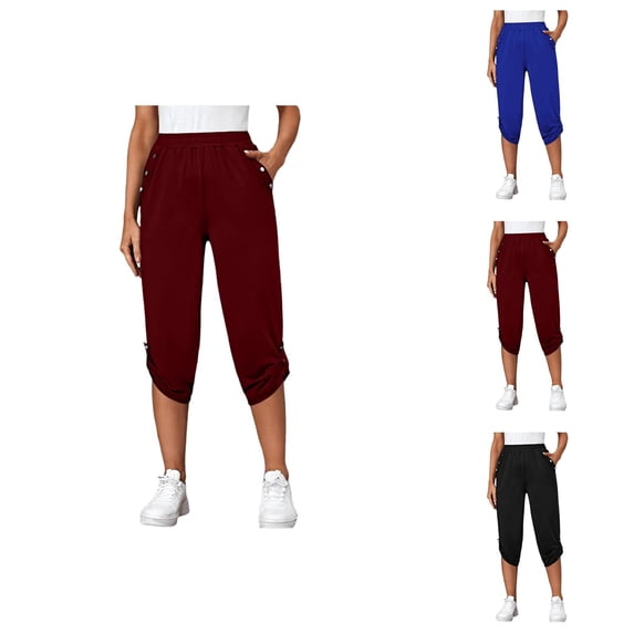 Capri Pants for Women Spring Summer Elastic Waist Straight Leg Cropped Pants with Pockets Womens Capris