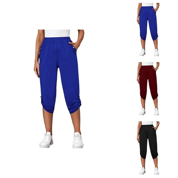 Capri Pants for Women Spring Summer Elastic Waist Straight Leg Cropped Pants with Pockets Womens Capris
