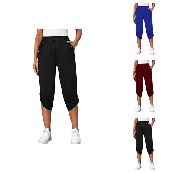 Capri Pants for Women Spring Summer Elastic Waist Straight Leg Cropped Pants with Pockets Womens Capris