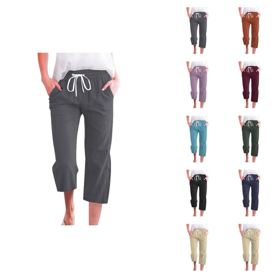 Capri Pants for Women Spring Summer Elastic Waist Wide Leg Loose Cotton Linen Cropped Pants with Pockets Womens Capris
