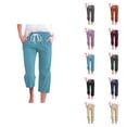 thumbnail image 1 of Capri Pants for Women Spring Summer Elastic Waist Wide Leg Loose Cotton Linen Cropped Pants with Pockets Womens Capris, 1 of 5