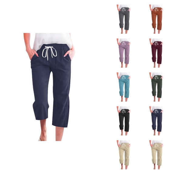 Capri Pants for Women Spring Summer Elastic Waist Wide Leg Loose Cotton Linen Cropped Pants with Pockets Womens Capris