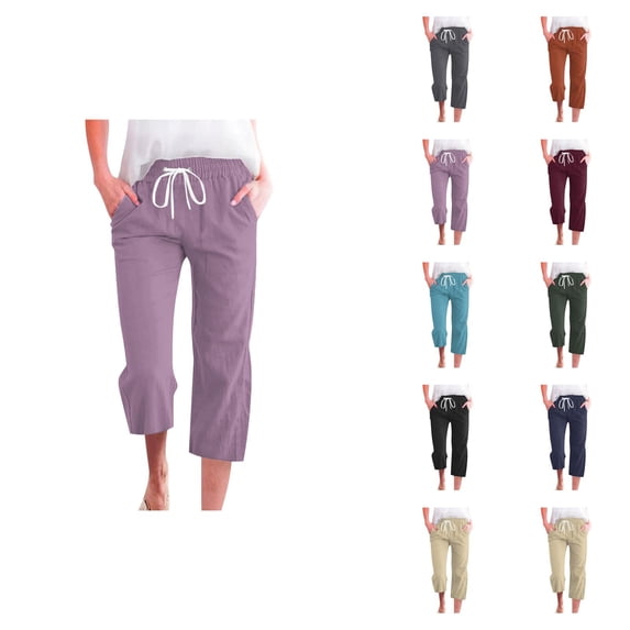 Capri Pants for Women Spring Summer Elastic Waist Wide Leg Loose Cotton Linen Cropped Pants with Pockets Womens Capris
