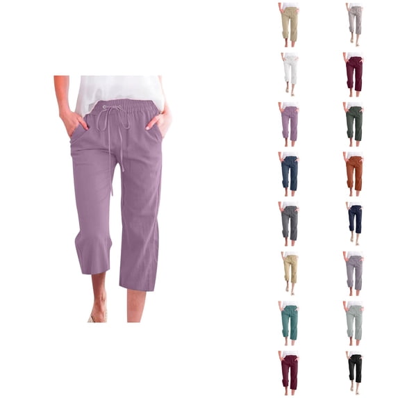 Capri Pants for Women Spring Summer Lightweight Elastic Waist Straight Leg Relaxed Fit Cropped Pants Capris with Pockets
