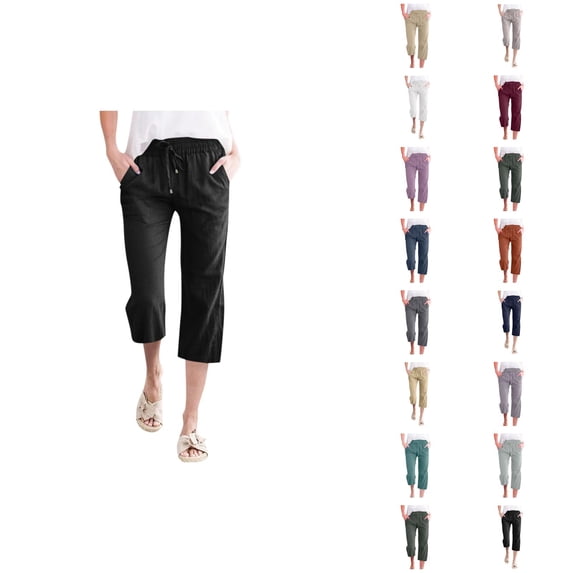 Capri Pants for Women Spring Summer Lightweight Elastic Waist Straight Leg Relaxed Fit Cropped Pants Capris with Pockets