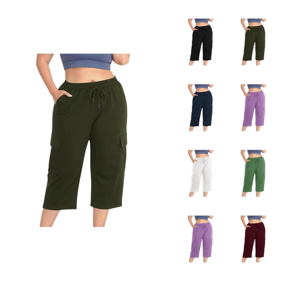 Capri Pants for Women Spring Summer Plus Size Elastic Waist Wide Straight Leg Loose Casual Capris with Pockets