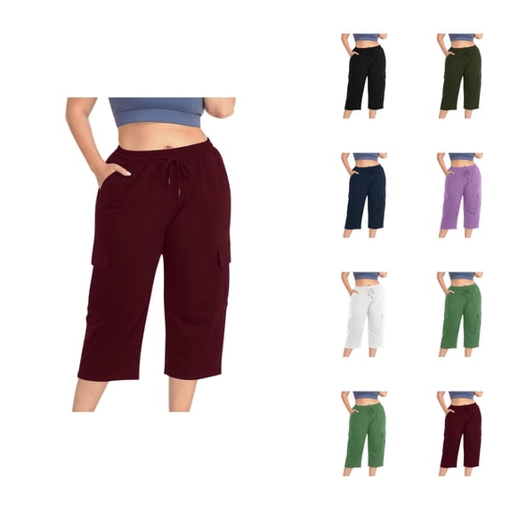 Capri Pants for Women Spring Summer Plus Size Elastic Waist Wide Straight Leg Loose Casual Capris with Pockets