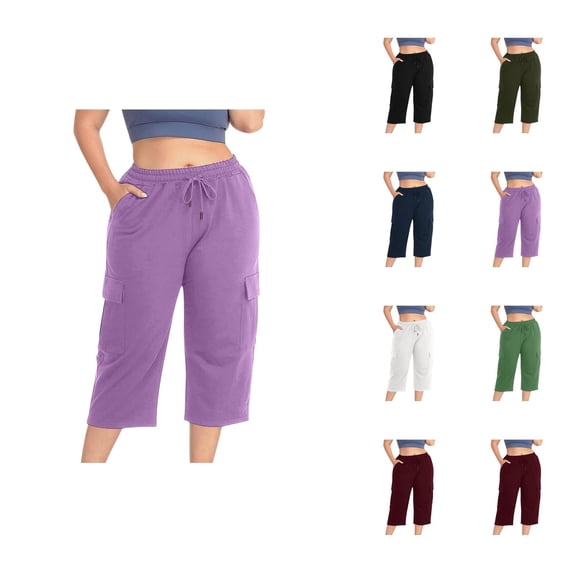 Capri Pants for Women Spring Summer Plus Size Elastic Waist Wide Straight Leg Loose Casual Capris with Pockets