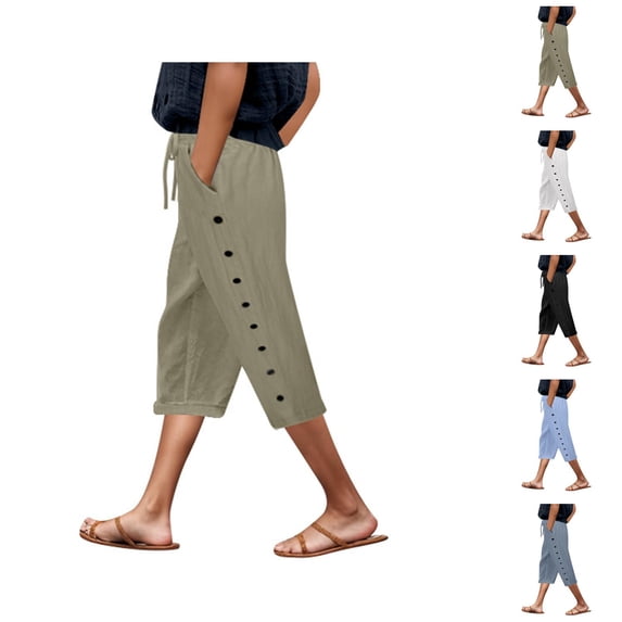Capri Pants for Women Spring Summer Relaxed Fit Lightweight Elastic Waist Straight Leg Cropped Pants Capris with Pockets