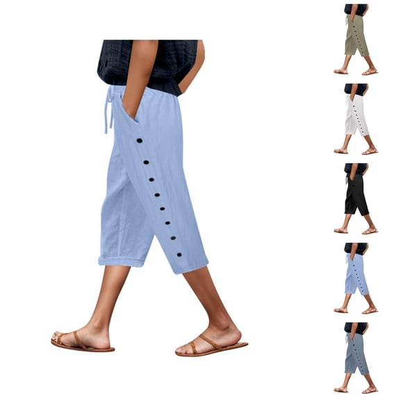 Capri Pants for Women Spring Summer Relaxed Fit Lightweight Elastic Waist Straight Leg Cropped Pants Capris with Pockets