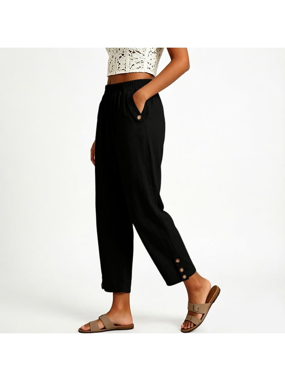 Capri Pants for Women Straight Leg Elastic Waist Comfy Cotton Blend Lounge with Pockets Black Loose Cropped Size 2XL