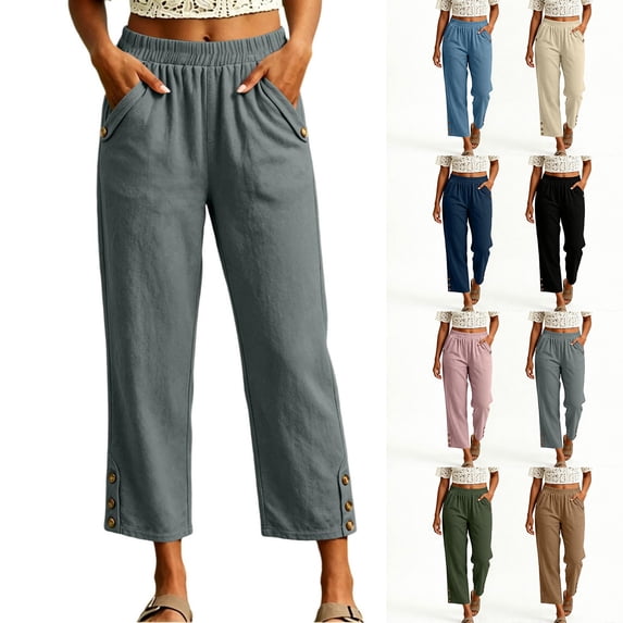 Capri Pants for Women Straight Leg Elastic Waist Comfy Cotton Blend Lounge with Pockets Gray Loose Cropped Size 2XL