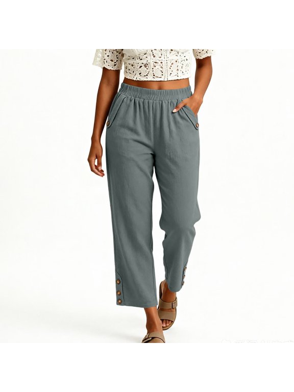 Capri Pants for Women Straight Leg Elastic Waist Comfy Cotton Blend Lounge with Pockets Gray Loose Cropped Size L
