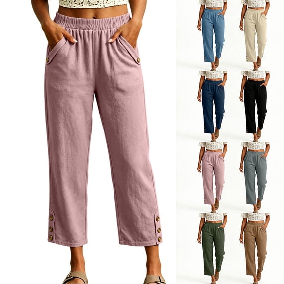 Capri Pants for Women Straight Leg Elastic Waist Comfy Cotton Blend Lounge with Pockets Pink Loose Cropped Size 2XL