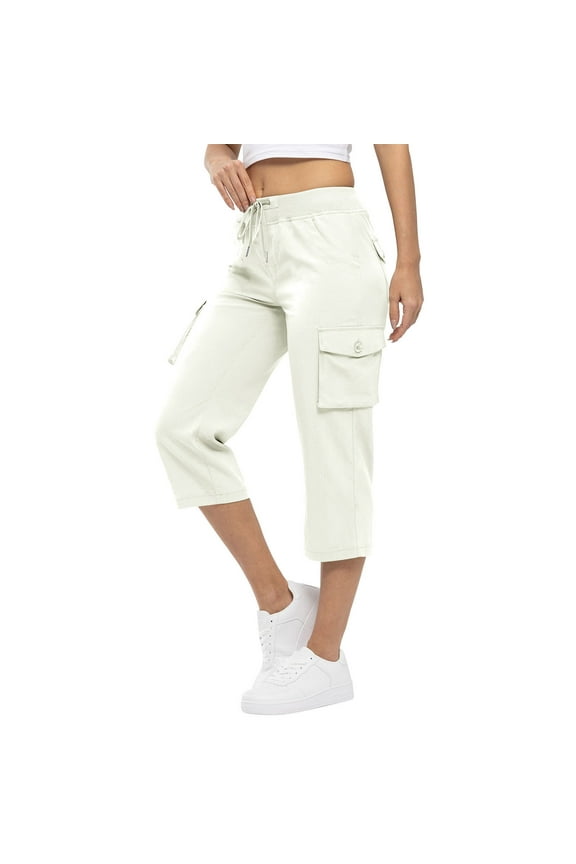 Capri Pants for Women Straight Leg Elastic Waisted Drawsting Cargo Pants with Pockets Casual Sports Pants (3XL, White)
