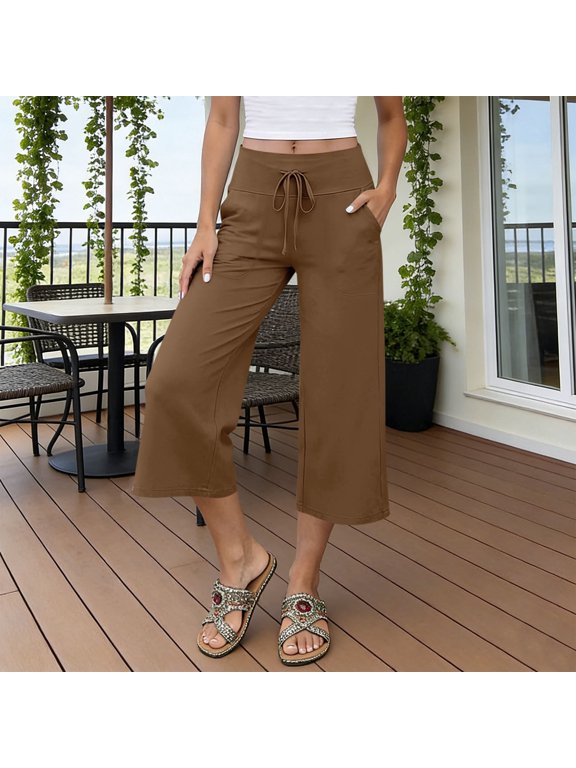 Capri Pants for Women Straight Leg High Waist Drawstring Sweatpants with Pockets Summer Casual Yoga Cropped Pants,Sizes S-2XL