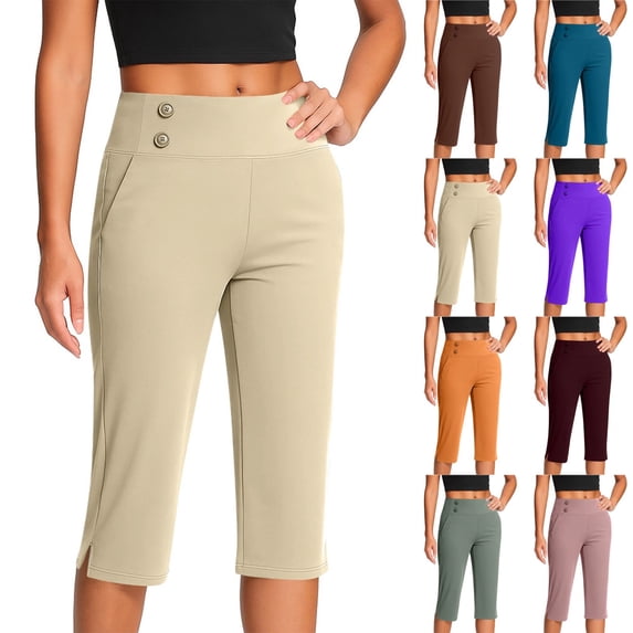 Capri Pants for Women Stretch High Waisted Crop Office Work Pants Summer Casual Capris Slacks Yoga Dress Pant Beige S