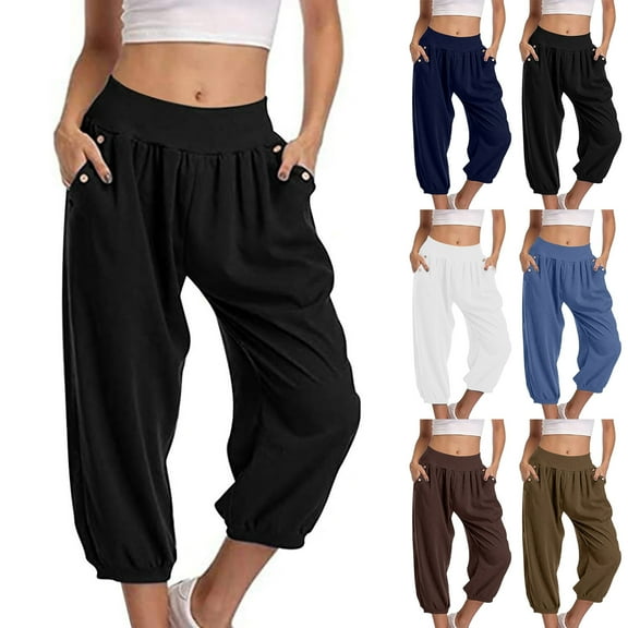Capri Pants for Women Stretch High Waisted Dressy Capris Cargo Trouser with Pocket Black Casual Lounge Pant XXL
